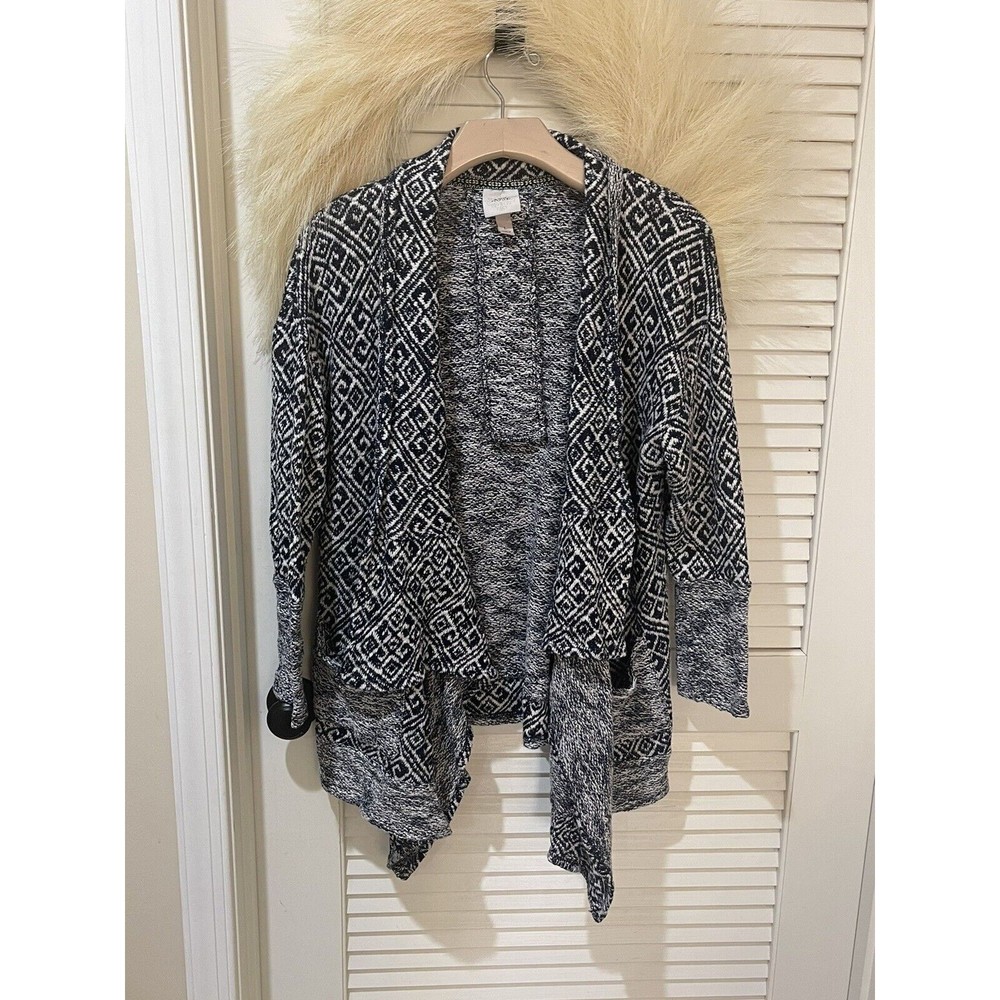 Knox Rose Cardigan Sweater Navy blue Draped Fringed Knit Open Front Large